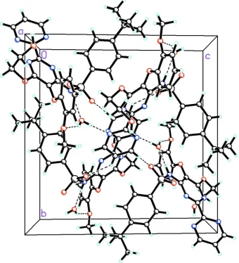 Figure 2Packing diagram of the title compound viewed along the a axis. Dashed lines indicate O—H···O, O—H···N and N—H···O 