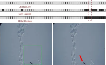 Fig. 2.11. Example of positive change by HMM. Sequence of white and black squares on top indicate label of successive frames