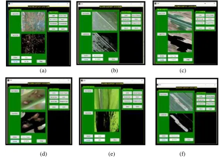 Figure 9. CES desktop version testing for pests and diseases a) Rust b) Leaf spot c) Leaf blight d) Midrib e) Aphids f) Leaf Slicer 