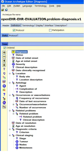 Figure 5The openEHR-EHR-EVALUATION.problem-diagnosis Archetype in the Ocean Archetype EditorThe openEHR-EHR-EVALUATION.problem-diagnosis Archetype in the Ocean Archetype Editor.