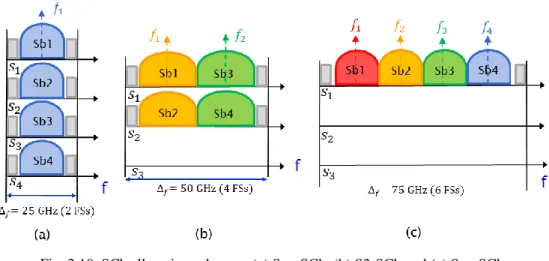 Fig. 2.10. SCh allocation schemes: (a) Spa-SCh, (b) S2-SCh and (c) Spe-SCh 