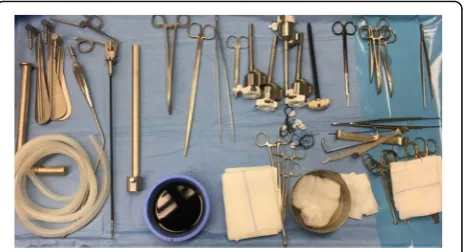 Fig. 1 Instrumentation set for preparation of working space (scalpelwith blade n. 15, long Klemmer tissue forceps, short and LongDeBakey forceps, short and Long Metzenbaum scissors, Farabeuf andLangenbeck wound retractors, Modified thyroidectomy retractor(Modena retractor, CEATEC Medizintechnik, Germany), 30° Endoscopiccamera, 5 mm Johann and bipolar forceps, monopolar electrocauterywith long tip extension, vessel sealing device, endoscopicsuction/irrigation device)