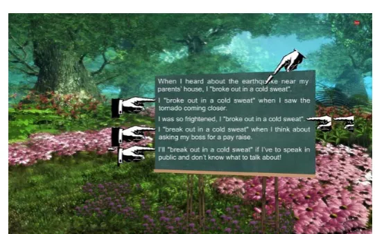 Figure 4. Pointing finger in the Instruction Module. To highlight the idiomatic expressions being introduced, the pointing finger was animated with visual effects such as blinking and moving effects