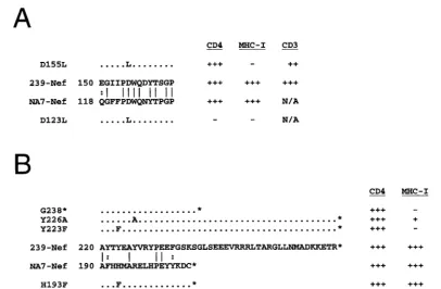 FIG. 3. Effect of mutations in the C-terminal regions of SIV 239-Nef and HIV-1 NA7-Nef on class I MHC, CD3, and CD4 expression