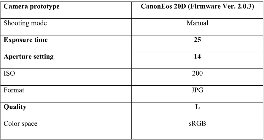 Table 3-2: Camera setting for geometric registration. 