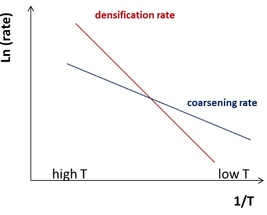 Figure 12: Qualitative behavior for sintering rate and grain coarsening under the assumption that the activation energy for the latter is lower