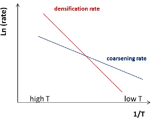 Figure 12: Qualitative behavior for sintering rate and grain coarsening under the assumption that the activation energy for the latter is lower