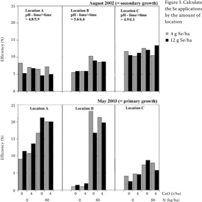 Figure 3. Calculated efficiency of the Se applications as influenced by the amount of N and Ca and location