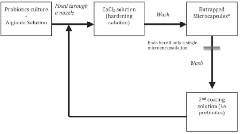 Fig 2: Flow diagram of extrusion process. The bacterial culturewithalginate is dropped using a nozzle into hardening solution.Theproduced microcapsules are added into a second coating solution,if required