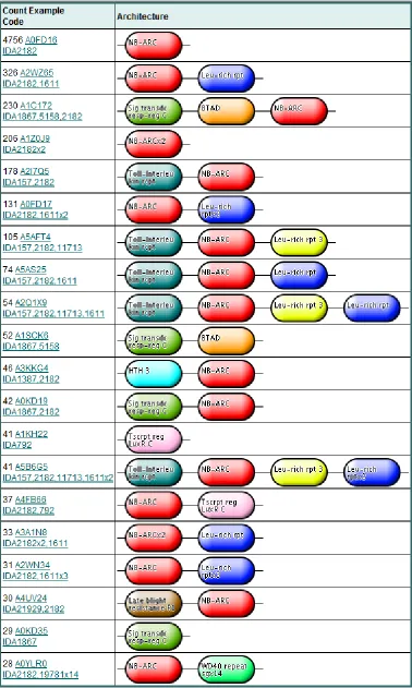 Figure 2: A variety of R-gene associated domain architectures observed in Interpro. 