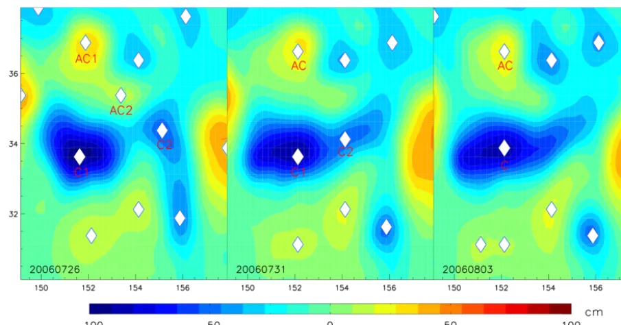Figure 1. The evolutions of amplitudes and areas of eddies from 5 July to 3 August 2006 (after Li et al., 2014), where the background ﬁeldshows the SLA, and white dots mark eddy centers