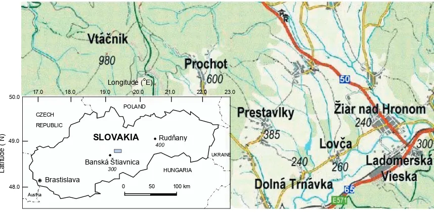 Figure 1. Map of sampling locality in Slovakia; grey square is the transect Žiar nad Hronom – Vtáčnik; the altitude of each locality is shown