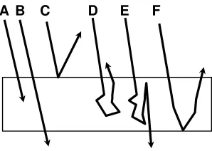 Figure 2.16: Paths followed by a photon in a turbid medium. (A) Absorption, (B)Direct transmission, (C) Specular surface reﬂection, (D) Bulk reﬂection, (E) Diﬀused