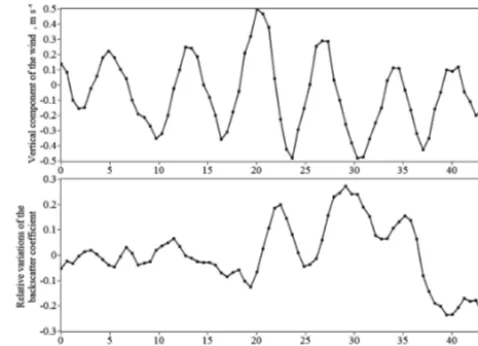Figure 12. Time dependence of the vertical component of the windvector (a) and relative variations of the attenuated backscatter coef-ﬁcient (b) obtained from the data depicted in Fig