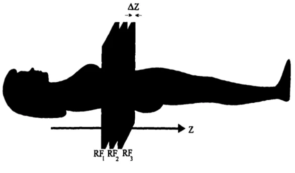 Figure 2.6 Application of RF pulses at different frequencies results in excitation of  different slices along and perpendicular to the z-axis