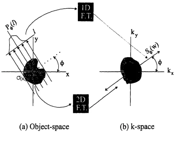 Figure 3.4 The Fourier slice theorem, (a) The function  P^(/) is the projection of  a(x,y) at angle ((>