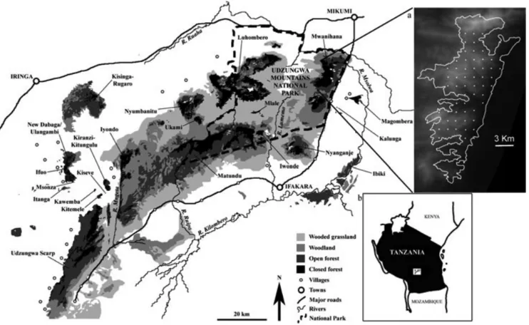 Figure  1.1  Map  of  the  Udzungwa  Mountains  showing  the  main  forest blocks with closed canopy forest darker in colour