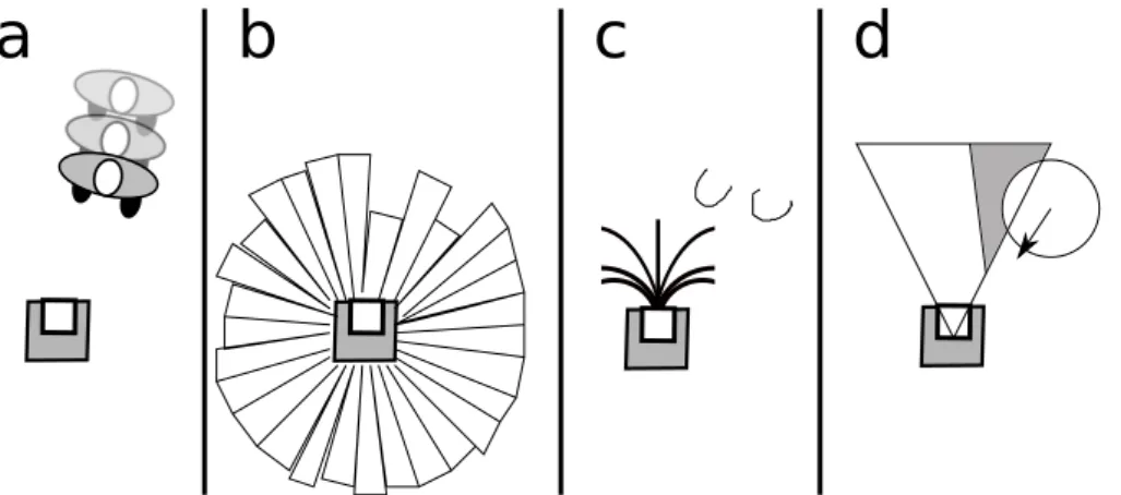 Figure 2.9: Schematic representation of local planning approaches. a: Real world situation with a person and a robot
