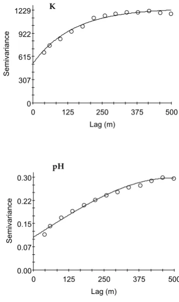 Figure 3. Variograms of determined soil P, K, Mg and pH (field II)