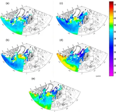 Figure 3. Seasonal and annual pCO2 values (µatm) in surface waters of the North Atlantic, estimated using the Takahashi et al