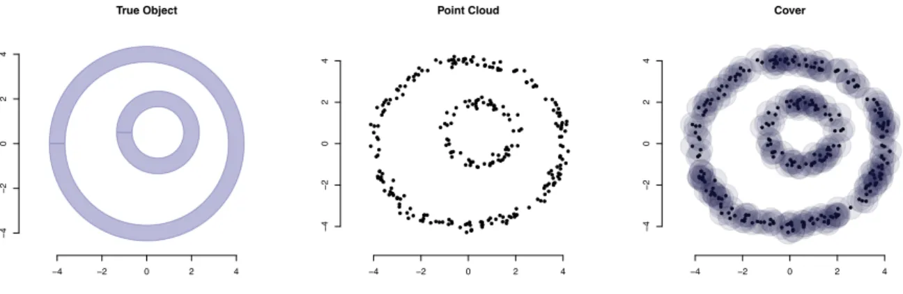 Figure 2.1: From left to right: the true object we are trying to recover (X), the point–cloud data sampled on it (X n ) and the cover (d Á ).