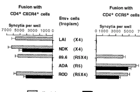 FIG. 2. Inhibition of cell-cell fusion mediated by chimeric LAI-NDK Env.(A) Schematic representation of wild-type and chimeric Env