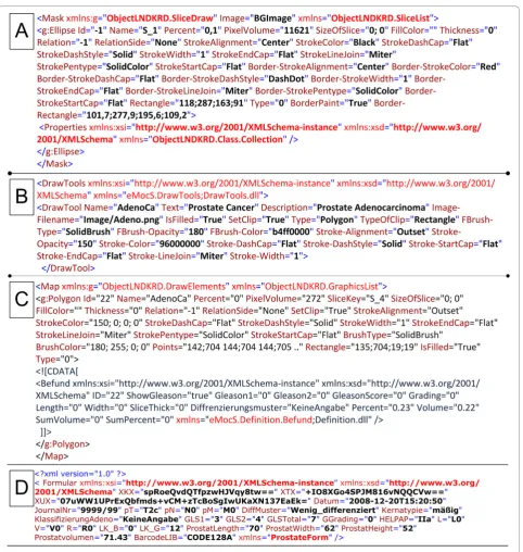 Figure 5 Examples of the syntax of cMDX elements. A: Mask. B: Tools. C: Map. D: Form with encrypted patient data.