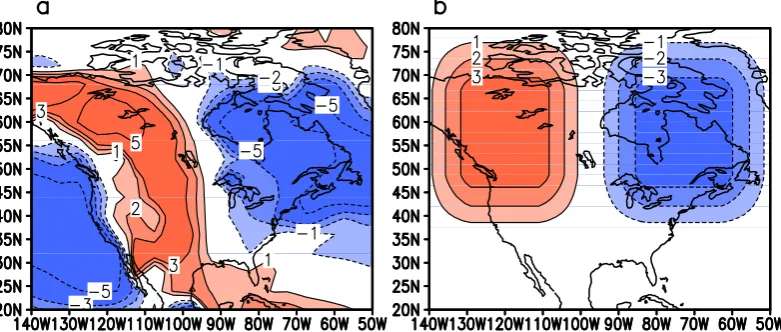 Fig. 2. (a) Deviation of observed summer surface air temperature from the zonal average over the CLIMBER-2 sector corresponding toNorth America