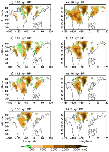Fig. 4. Spatial extent and elevation of simulated ice sheets at different time slices during MIS 5:(d) (a) 118 kyr BP, (b) 115 kyr BP, (c) 112 kyr BP, 105 kyr BP, and during last glacial termination: (e) 16 kyr BP, (f) 13 kyr BP, (g) 10 kyr BP, (h) 8 kyr BP.