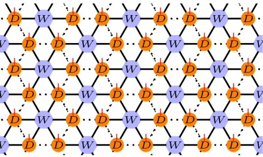 Figure 1.2: Intermediate tensor network for HFBI state. Here, the tensors labeled D are located on the sites of the honeycomb lattice, while the tensors labeled W are located on the centers of each hexagon