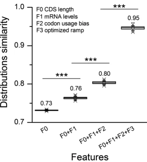 Figure 5. Contribution of transcript features to RiboAbacus predictions.Boxplot showing the similarities (calculated as 1-distance) between thepredicted distribution of the number of ribosomes per transcript and theexperimental distribution, progressively 
