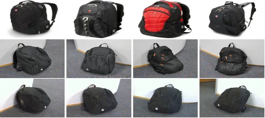 Figure 2.8: Exemplars from the Berkeley web image dataset. (from top to bottom) Web (ama-zon), digital SLR camera (high resolution image) and webcam (low resolution image).