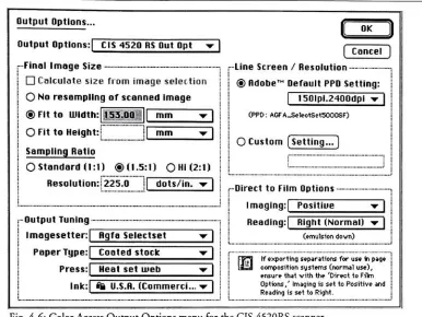 Fig. 4-6: Color Access Output Options menu for the CIS 4520RS scanner.