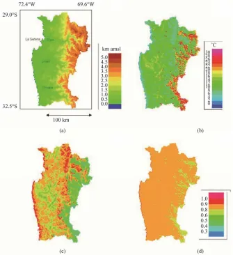 Figure 1. Topography of the Coquimbo region (a), mean diurnal temperature amplitude (b), performance of BO78 variety (c) and performance of PRP variety (d)