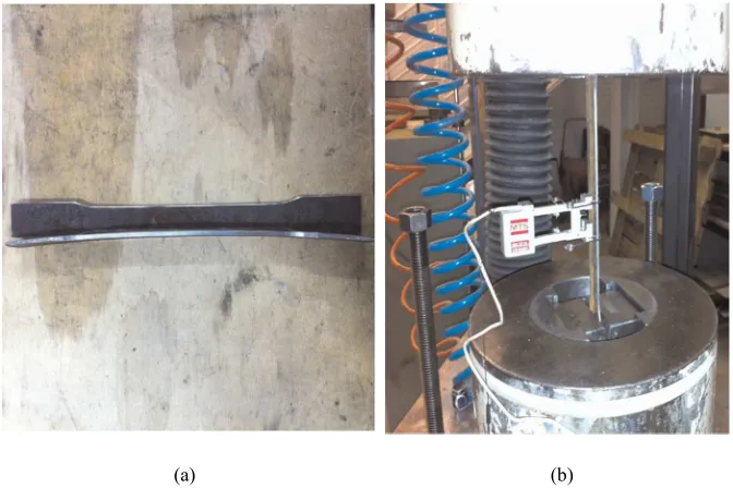 Fig. 2. (a) Curving of material coupon upon machining from the cross sections; and (b) testing machine