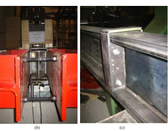 Fig. 4. a) Front and side views of the experimental setup. Dimensions in mm; b) T03 RHFB-240 setup; c) load application system through the web stiffeners