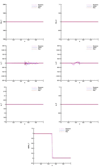Figure 5.5.: Numerical results for the two phase RP4 at time t = 0.15 s.