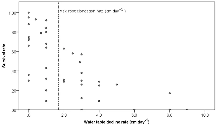 Figure 1-9 Survival of seed-recruited seedlings under different water table decline rates (Data source: Table 1-5) 