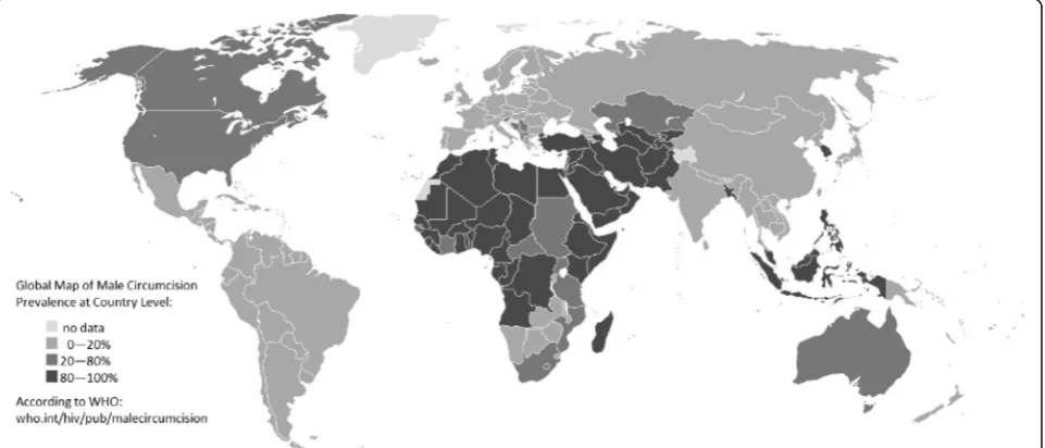 Fig. 1 Global map of male circumcision prevalence at country level (source: http://who.int/hiv/pub/malecircumcision/globaltrends/en/)
