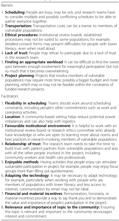 Table 2 Barriers and facilitators to involving people who aremembers of vulnerable populations