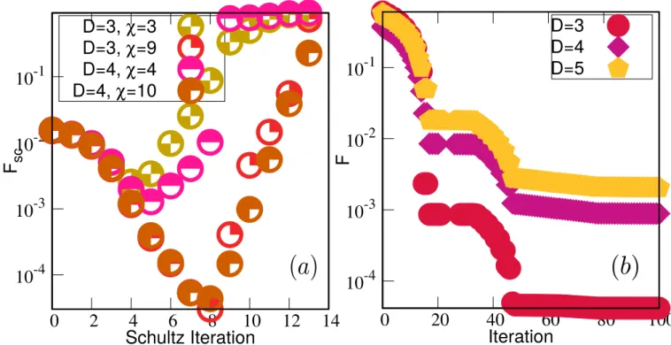 FIG. 5. (Color online) (a) The distance F SC as a function of Schulz iteration for a single bulk column with l y = 16 at magnetic field λ = 2.0