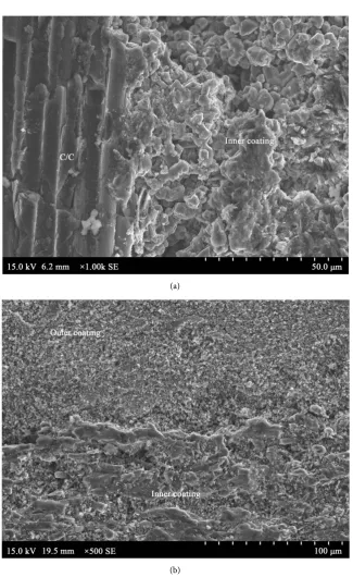 Figure 4. Cross-section SEM images of double SiC coating prepared at 1350˚C for 1 min: (a) between inner coating and substrate (b) between outer and inner coating