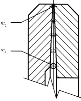 Fig. 1. Movement of particles (fragments) – cross sectionm1 – initial mass of particle (kg), m2 – final mass of particle (kg)