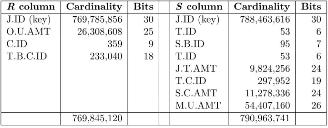 Table 2.1: Column details of R and S tables joined in Q1