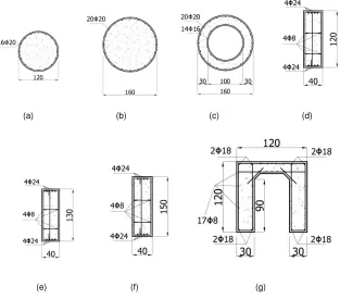 Figure 3.4: Full-scale cross sections of piers elements: a) circular cross section120 cm diameter; b) circular cross section 160 cm diameter; c) hollow circularsection; d) transverse beam 120 cm high; e) transverse beam 130 cm high; f)transverse beam 150 cm high; g) cap beam section.
