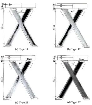 Figure 3. Flow patterns in a vertical intersecting duct; (a) Type 11, (b) Type 12, (c) Type 21, (d) Type 22