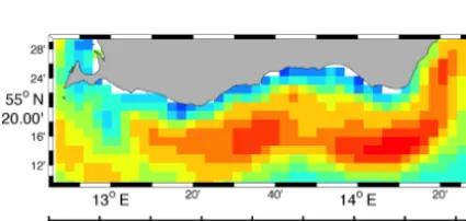 Figure 6. Surface circulation off the southernmost coast of Sweden in summer (climatological July calculated from model output comprisingthe years 1989 to 1993)