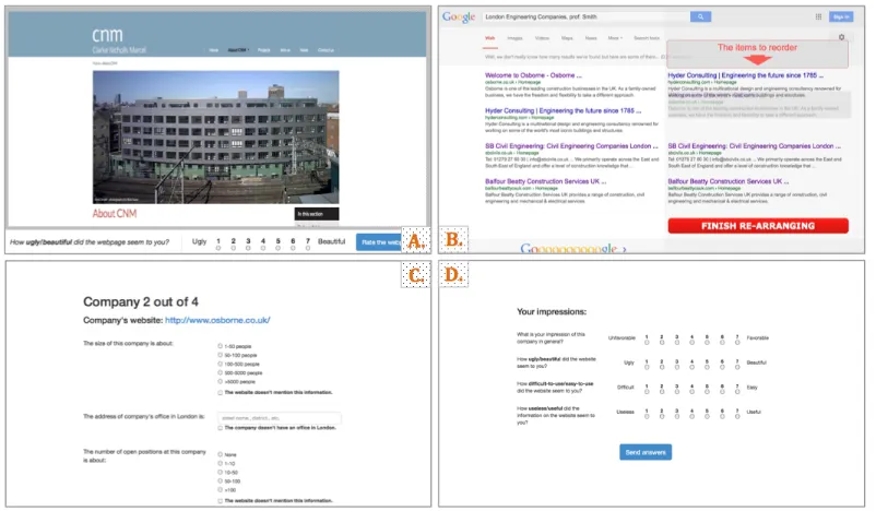 Figure 17. Data collection procedure, A) rating aesthetics of screenshots, B) company ranking (via drag&drop in the list on the right), and C-D) performing tasks on and rating websites