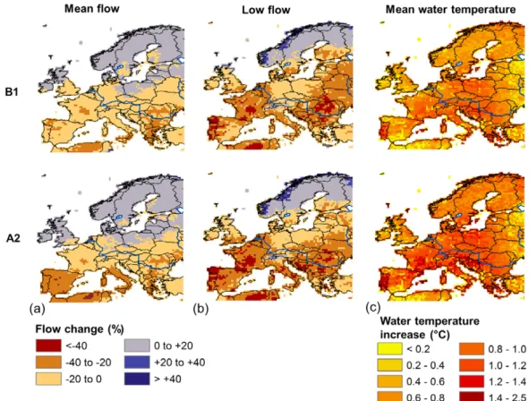 Figure 3. Climate change impacts on low river flows and water temperatures in Europe. Projected changes in mean flow (a) and low flows (10th percentile of daily distribution of river flow); (b) and mean water temperatures (c) for the 2031–2060 relative to 