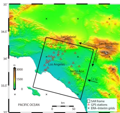 Figure 1. The topography map of the study area. The red trian-gles represent the locations of GPS stations